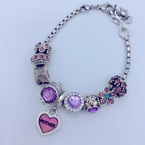 Silver Toned Textured Add-a-Bead Pink Rhinestone, Dangling Mother Bead Bracelet - Picture 6 of 6